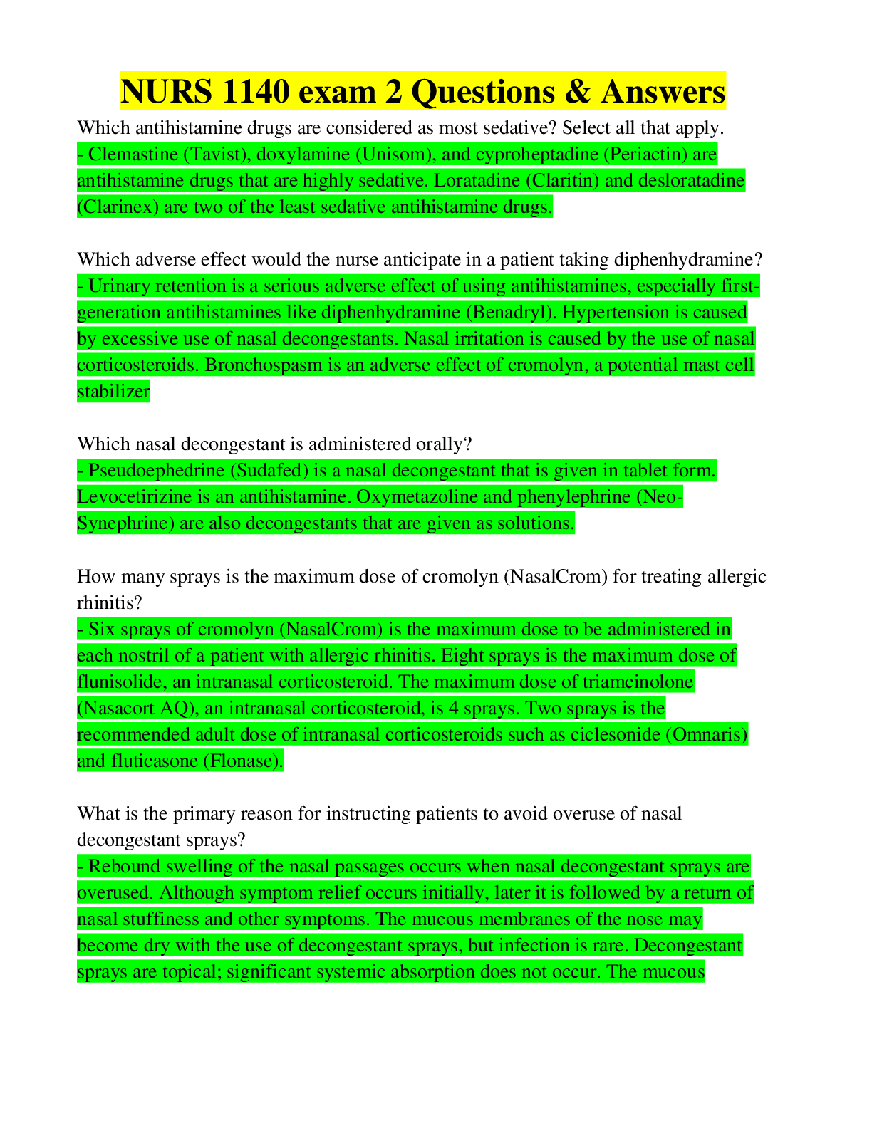 Preview image of NURS 1140 exam 2 Questions & Answers document